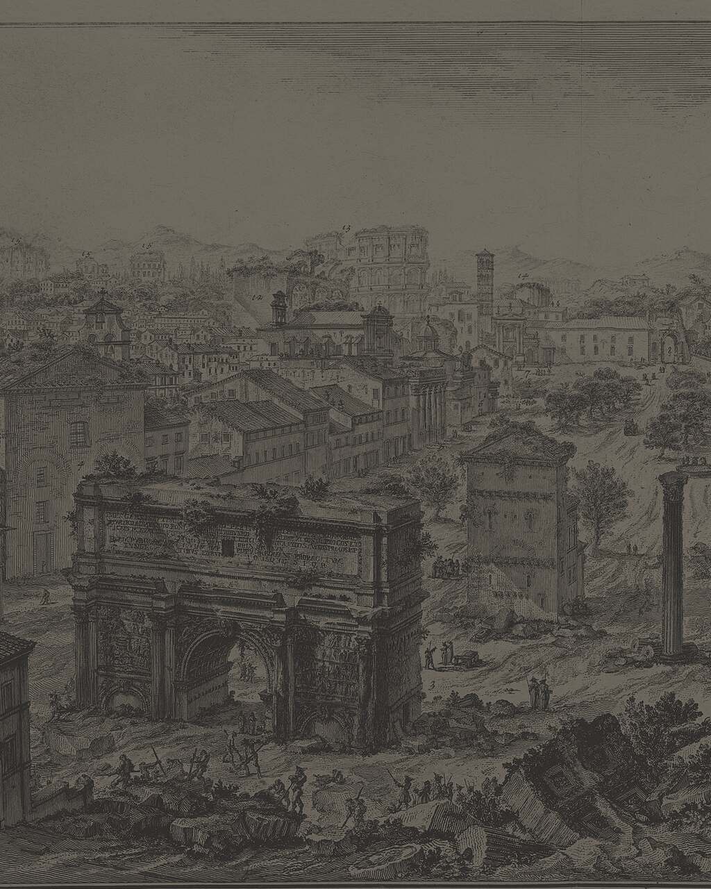 Etching of the Roman Forum used as a cow pasture, the Arch of Septimius Severus half buried in the foreground.