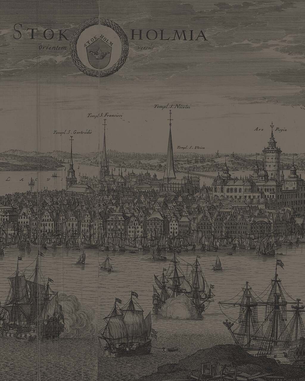 Engraving of Stockholm seen from the east in 1693, the old town packed with gabled houses and spires, tall ships anchored across the foreground.