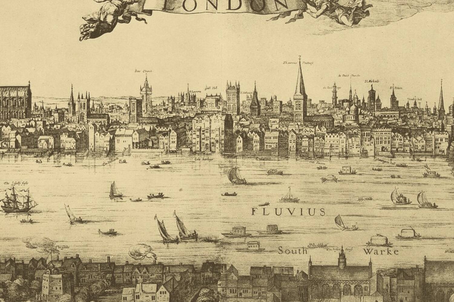 Engraving of London seen across the Thames in 1616, old St Paul's on the skyline and Southwark in the foreground.