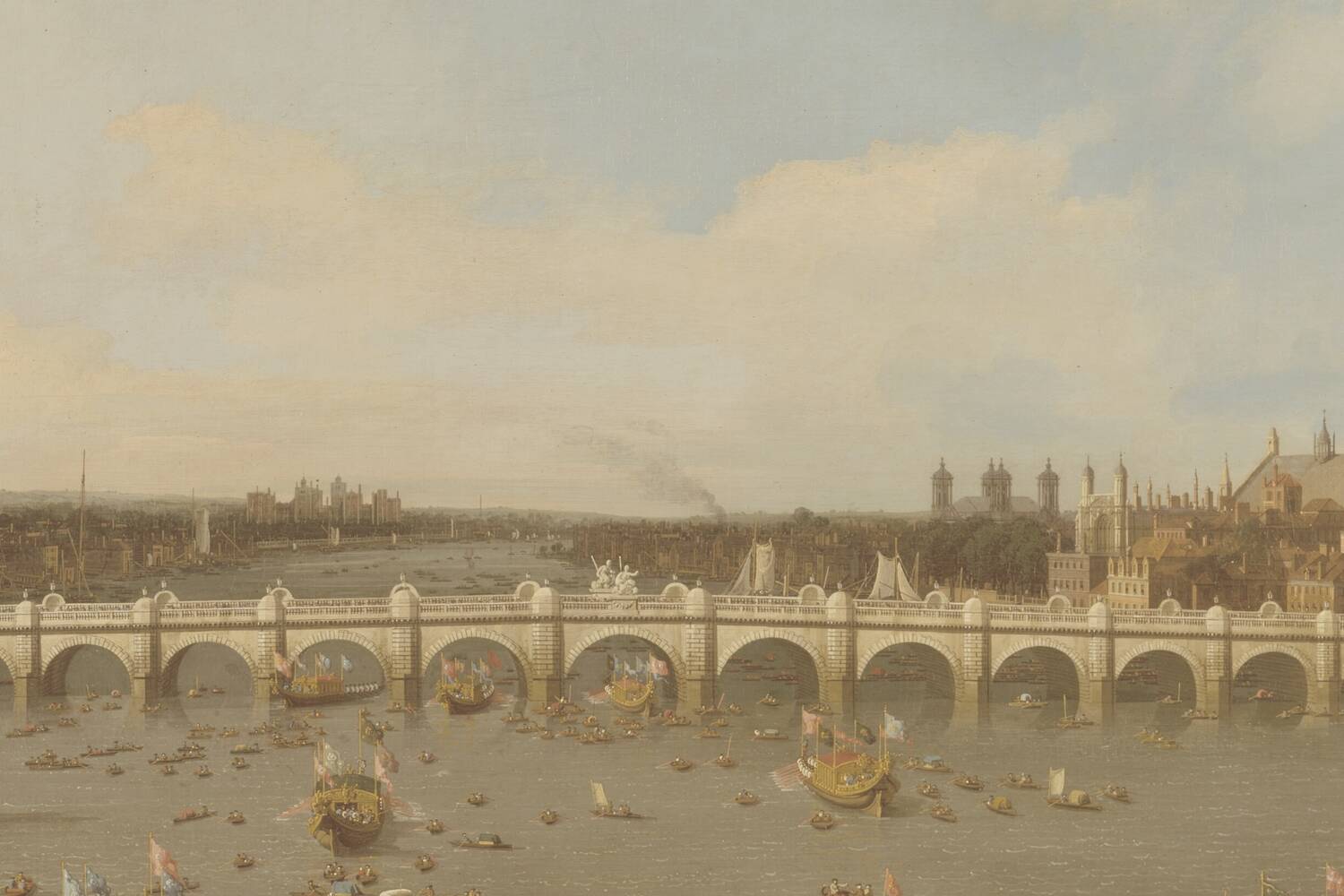 Canaletto's painting of the Thames at Westminster, the river crowded with decorated barges.