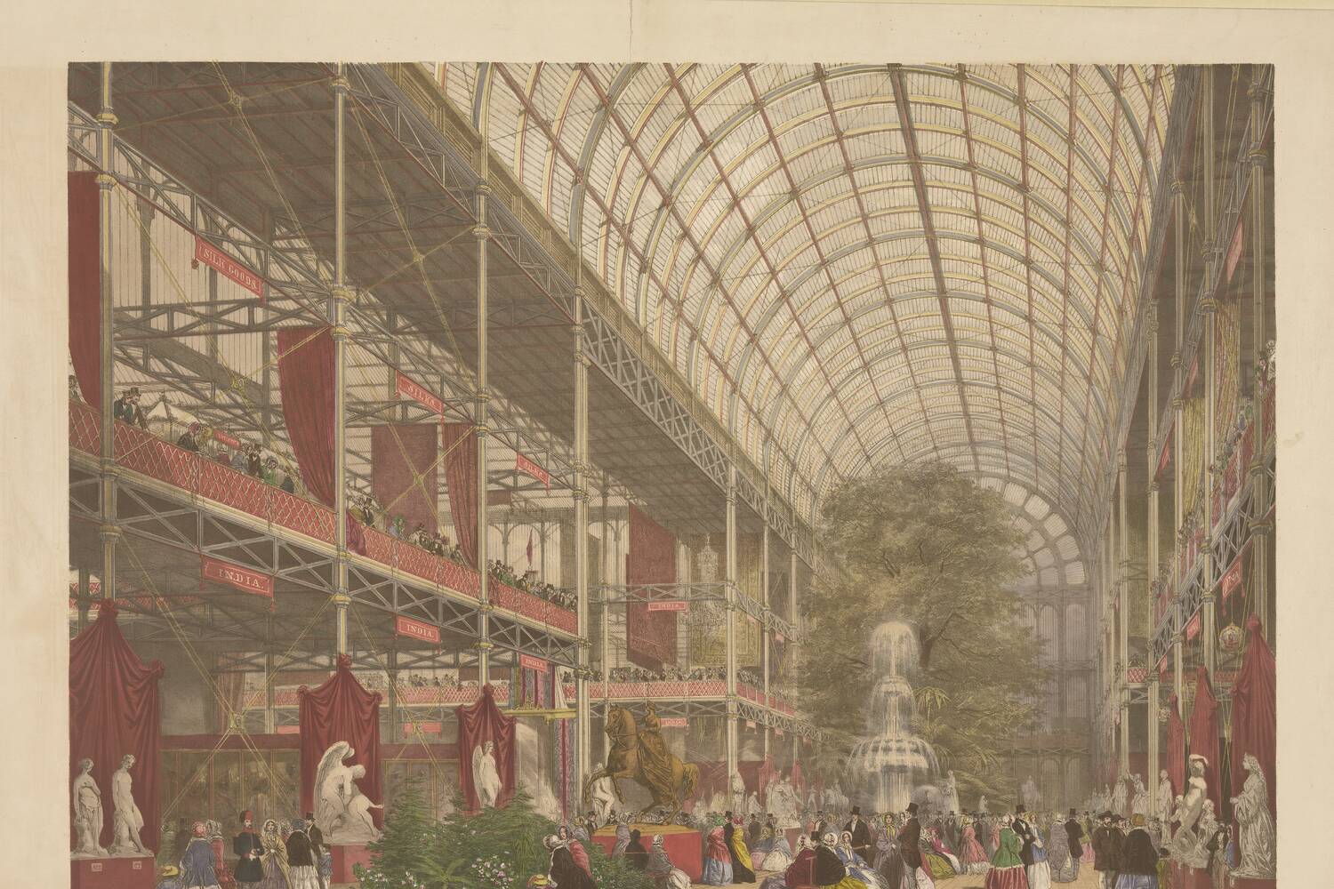 Coloured lithograph inside the Crystal Palace, crowds under a glass vault around the crystal fountain and a full-grown elm.