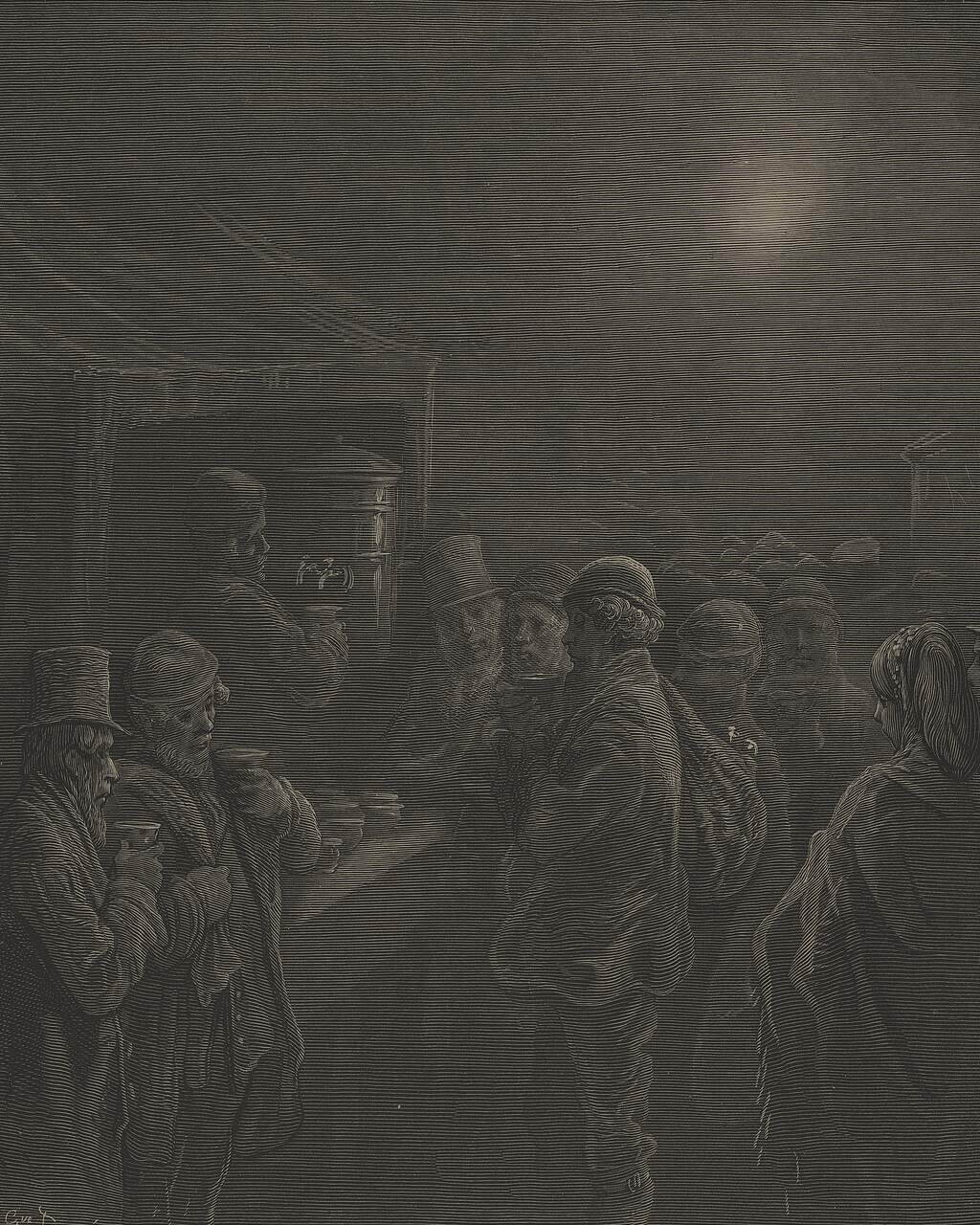 Engraving of Londoners in top hats and shawls crowded around a coffee stall before dawn.