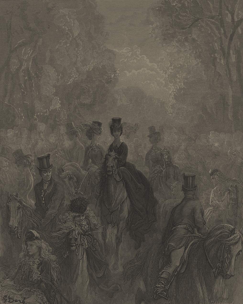 Engraving of riders in top hats and veils on horseback under the trees of Hyde Park.
