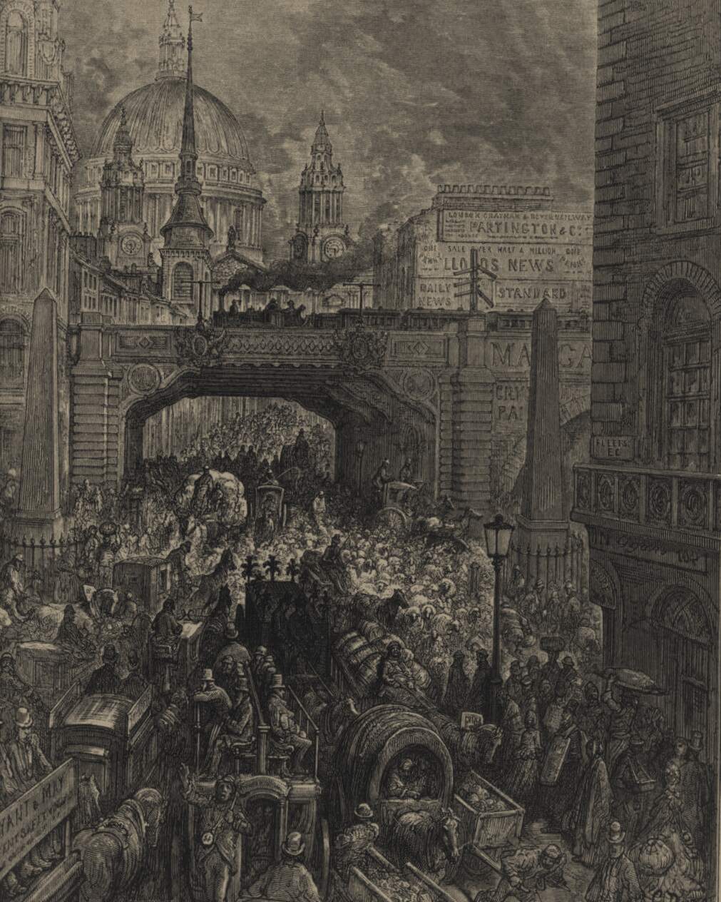 Engraving of Ludgate Hill jammed with carts, omnibuses and crowds under a railway bridge, St Paul's behind, newspaper signs on the walls.